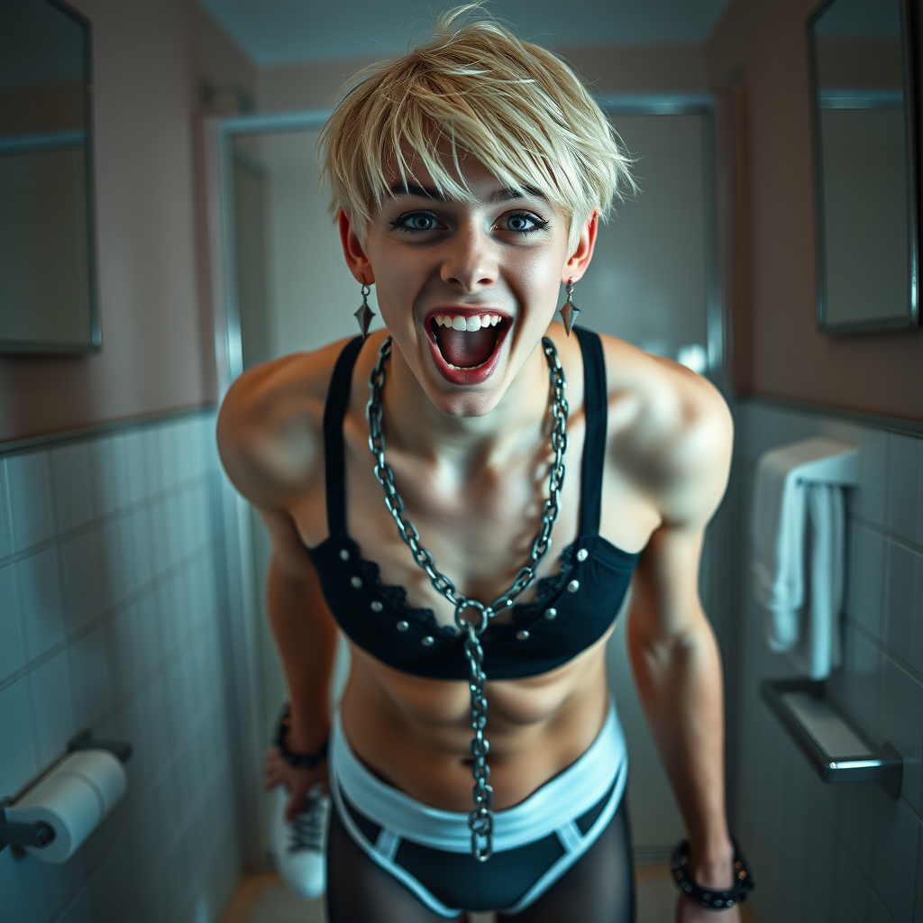 photorealistic, ultra high resolution, 16K, surreal fantasy, studio lighting, a pretty 16 year old goth boy, slim male physique, short blonde hair, goth makeup, earrings, spikey chain and leash, handcuffs, trainer-bra, pantyhose, white ballet shoes, in the bathroom, excited open mouth smile, facing the camera,