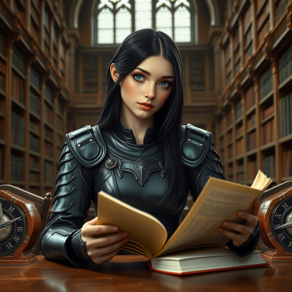 beautiful young woman, dark hair past her shoulders, blue eyes, small, slim figure, wearing full leather armor suit, sitting, sandwich on the table, reading a book, in a grand old library.