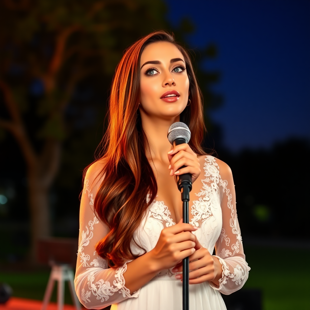 a young woman singing on a stage in a park. long brunette hair with highlights, bright blue eyes. suntanned skin. small lips colored pale rose. looking to the side. wearing an elegant long white dress with transparent lace and white pumps. night sky in background. photo