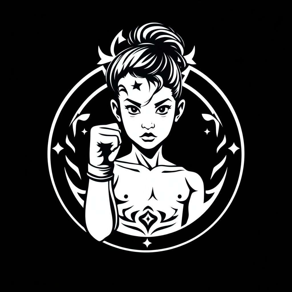 Create a minimalist, monochromatic circular logo design of a young female muay thai fighter aged about 11 shown full height in the style of Sak Yant tattoo art.