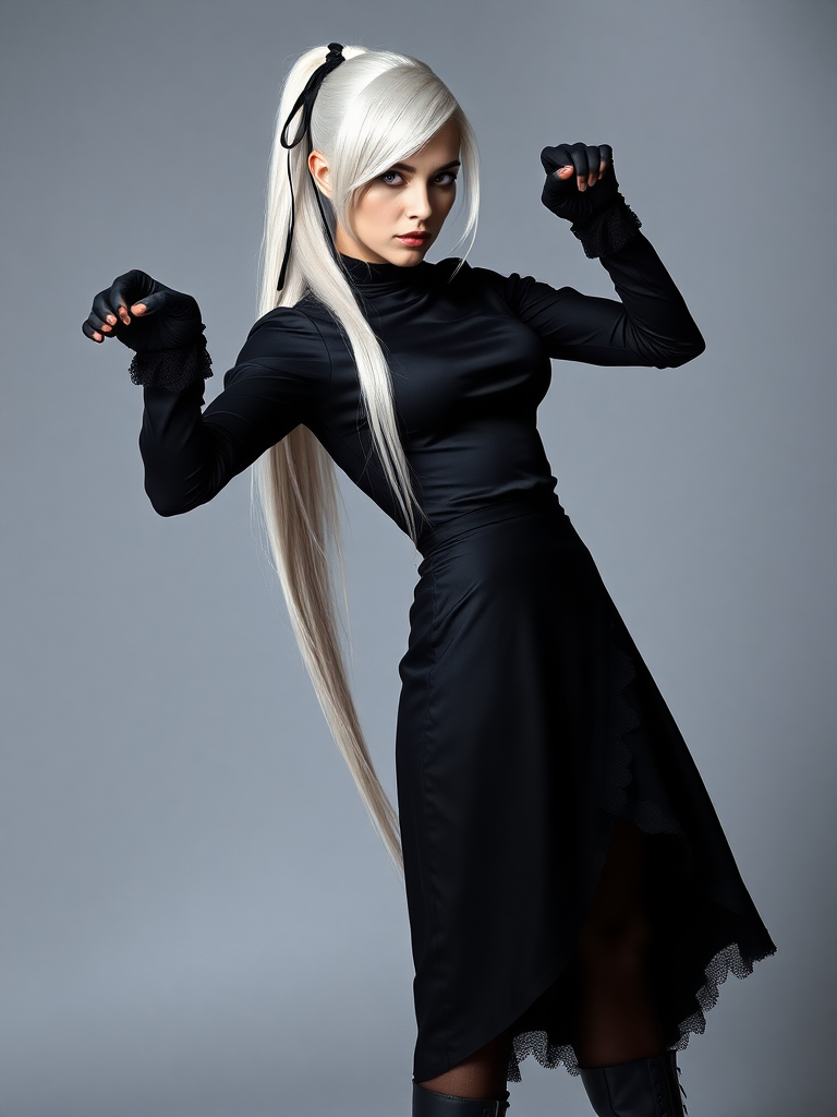 mature adult woman, skinny and tall, long legs, large shoulders, teardrop saggy small breast, long asymmetric undercut layered white hair, side swept bang, long white ponytail tied with a black lace, beautiful detailed face, piercing red eyes with intricate iris details, looking at the camera with a serious expression, wearing gothic style, black silk long sleeve top, black silk long skirt, black pantyhose, black gloves, black ankle boots, standing in a fierce pose with her head held high