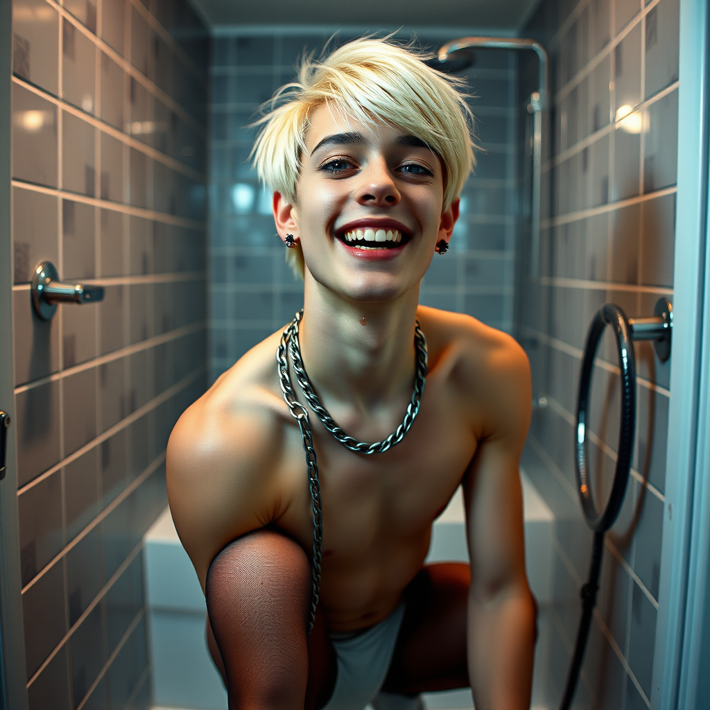 photorealistic, ultra high resolution, 16K, surreal fantasy, studio lighting, a pretty 16 year old goth boy, slim male physique, short blonde hair, goth makeup, earrings, spiky chain and leash, pantyhose, white ballet shoes, in the bathroom, excited smile, facing the camera, drooling from his mouth.