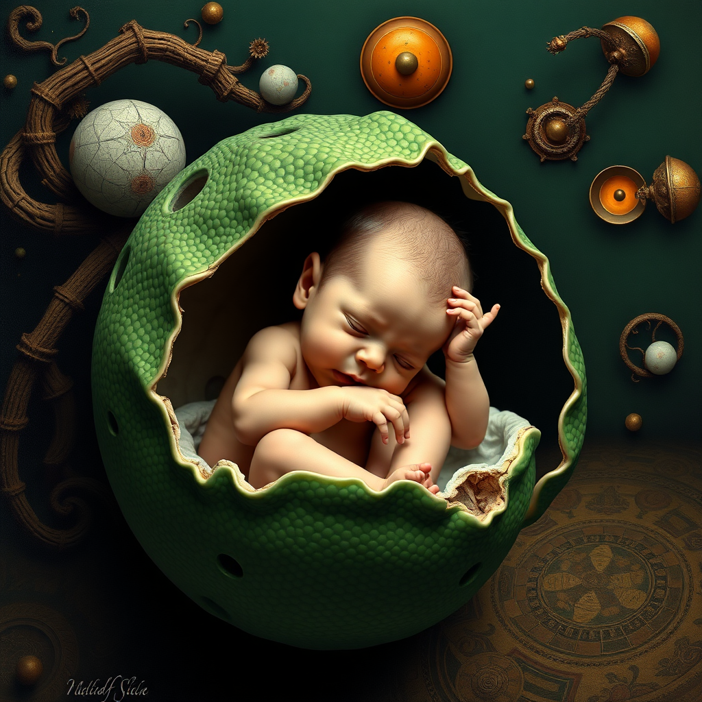 Create a mix picture in "Maxfield Escher" and Salvador Dali style. With a newborn human baby hatching from what looks like a green reptile egg.