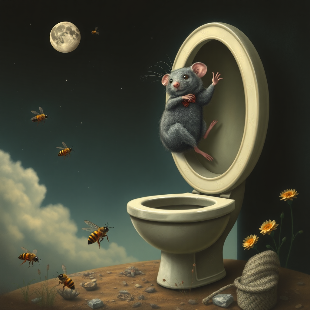 A rat politician diving off the moon into a toilet, bees, Mongolian