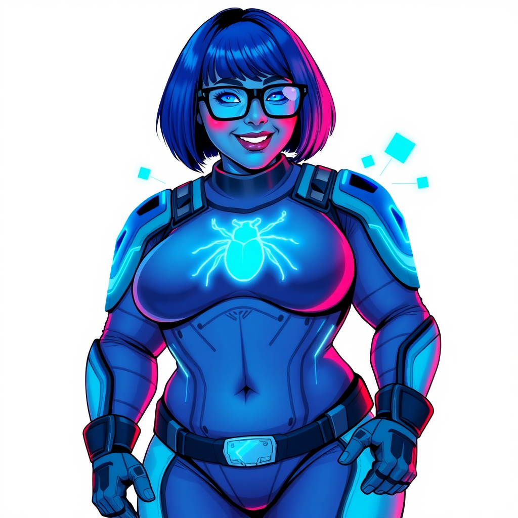 A 28-year-old, full figured, computer science major, now transformed into a full figured, nerdy, heavily pampered digital sidekick for her cyberpunk vigilante boyfriend, with maximum blue skin. She is clearly non-athletic, with her full figure. Her bob cut seamlessly blends with her skin, appearing to merge together as computer data, and her neon blue eyes glow intensely. Her full figure is defined by a prominently, round, gargantuan midsection, sequoia-sized limbs, and broad shoulders. As a loyal and supportive sidekick, she plays a crucial role in their missions, using her digital skills to assist and protect.

She wears a digital, computerized maximum blue bodysuit which blends with her hair and skin (appearing to merge together like computer data), all are colored maximum blue. The bodysuit has a neon blue chest icon of a beetle, along with matching high-tech gloves. She bashfully giggles with a neon red blush, emitting neon blue data cubes from her body, set against a solid white background. Heavily pampered by her doting boyfriend, her full figure (especially her prominent, round, gargantuan midsection) clearly shows this care. She has the ability to hack into computers and machines, and her nerdiness is blatantly obvious with her black oversized eyeglasses. Her full figure (especially her prominent, round, gargantuan midsection) is prominently displayed and heavily emphasized. Her outfit is influenced by DC’s Jennifer Knight Phantom Lady but remains distinct. She is drawn as if she was in a retro 2D cyberpunk fighting game. Ensure her skin color is distinct from Inside Out's Sadness and any other character. Ensure she doesn't resemble The Power of Surge's Debra or any other character. Ensure her midsection is round. Her proportions are bloated to emphasize her non-athletic, full figure. She is obviously non-athletic, with heavy emphasis on her full figure and prominent, round, gargantuan midsection.