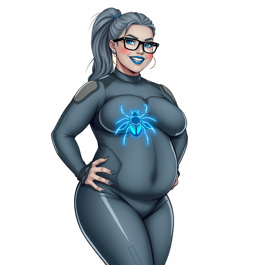 A 29-year-old computer science major embracing her new life as her new cyberpunk vigilante boyfriend's nerdy, full figured middle gray skinned computer program hybrid girlfriend with a long, middle gray ponytail. She wears maximum blue lipstick and has bright blue eyes. Her outfit includes a digital, computerized, middle gray bodysuit (accentuating her gargantuan midsection) featuring a neon blue glowing beetle chest icon. She sports black eyeglasses, with a beaming smile and neon red blush. Her full figure reflects the doting care of her vigilante boyfriend. She uses her power to hack into computers and machines to serve as her hero's minicomputer operating out of his hi-tech wristwatch and supercar's supercomputer. The background is solid white. She has a prominent, round, gargantuan midsection. Her midsection is bloated, expanded, and broadened to emphasize her physique. Her middle gray metallic skin shows her digital nature. She is drawn as if she was in a retro 2D cyberpunk fighting game.