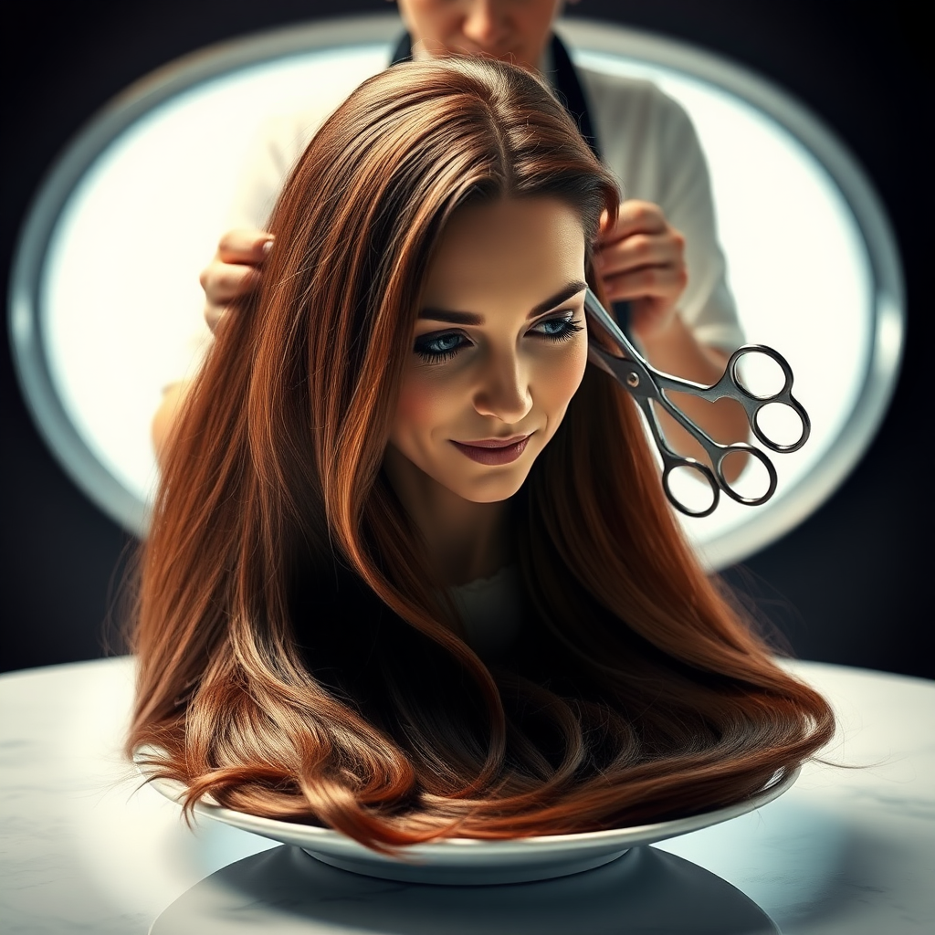 In a bizarre, surreal tableau, the polished surface of an elegant dining plate cradles the disembodied head of a strikingly beautiful Kate Middleton, her long, flowing hair cascading like a glossy waterfall of deep chestnut and honey highlights. The hair is luxuriously arranged, strands shimmering under the soft, ambient light that bathes the scene in an ethereal glow.

A skilled hairdresser, clad in a sleek black apron, stands poised with a pair of gleaming scissors, carefully trimming the endlessly luxurious locks that frame Kate's serene, almost ethereal features. The air is thick with the scent of salon products mingling with delicate hints of floral fragrances, creating an unusual yet strangely inviting atmosphere. The hairdresser's focused expression reveals a meticulous dedication as snippets of hair fall gracefully onto the pristine plate, echoing a sense of both artistry and absurdity.

The overall emotional tone conveys a dreamlike quality, inviting viewers to ponder the juxtaposition of beauty, identity, and the bizarre circumstances that bind them in this extraordinary moment.