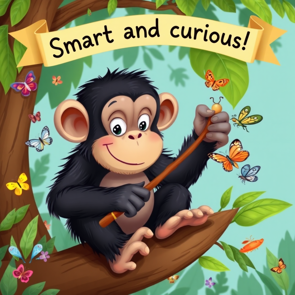 A whimsical scene of a playful chimpanzee sitting on a tree, using a stick to catch insects, surrounded by colorful butterflies and other jungle creatures, with a banner above its head that reads: "Smart and curious!"