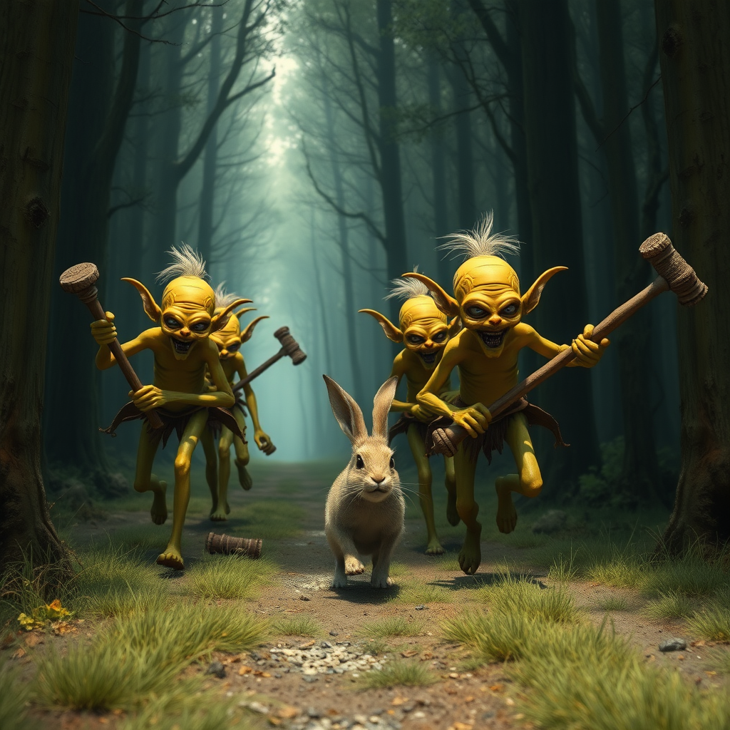 A realistic picture of several skinny, yellow goblins with wooden clubs chasing after a fleeing bunny along a forest path.