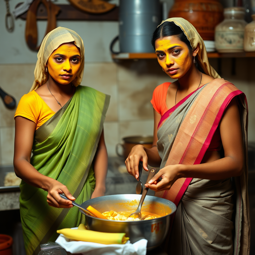 2 slim, 30 year old, Indian maids with hair coverings. Saree pallu tucked to waist. They are cooking food in the kitchen. Their face is covered with turmeric face mask.