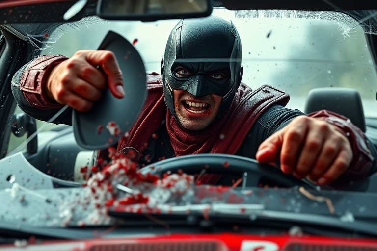 Realistic. Masked Superhero in car crash, propelled forward with tortured face as impact sends superhero violently over steering wheel and out through windshield of the car and over hood of the car. Much blood and glass flying. Mask being torn from face by breaking windshield.