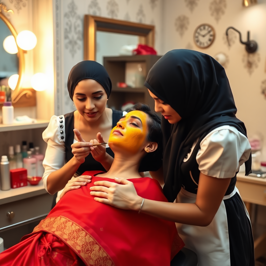 2 French maids with hair covering, working in beauty parlour, giving turmeric facial to wealthy Indian wife