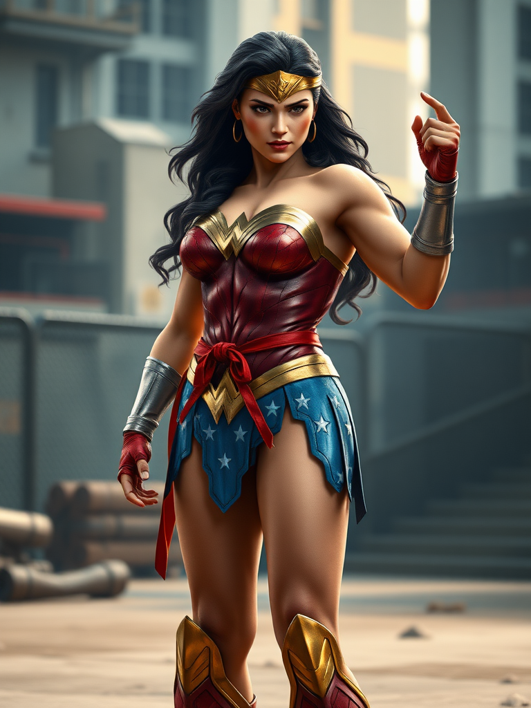 Create a hyper-realistic full-body render of a character inspired by Wonder Woman, maintaining her head and costume design, but using the body structure of Ryu from Street Fighter. The silhouette and physique should clearly reflect Ryu's muscular and athletic build while keeping Wonder Woman's features intact. The background should be a suitable setting that complements both characters, such as an urban environment or a training ground. Ensure the lighting and color palette enhance the realism of the scene. The overall image should convey strength and heroism, merging the distinct styles of both iconic characters seamlessly.