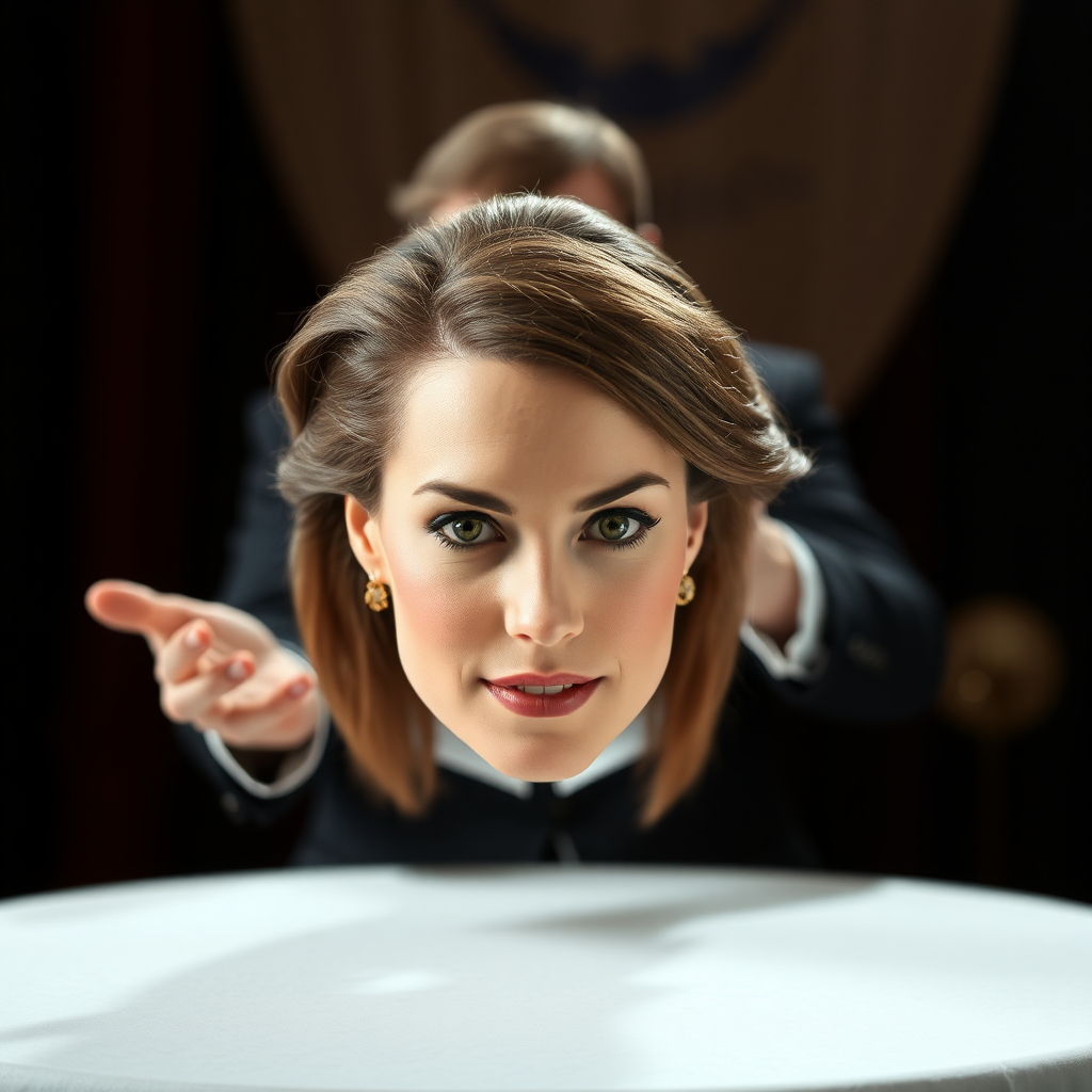 A surreal image of the beautiful very long haired Kate Middleton's disembodied head displayed to the camera by a male magician performing a magic trick.