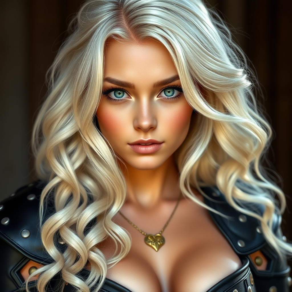 Portrait of a beautiful young woman with long wavy platinum blonde hair, green eyes, a suntan, light brown eyebrows, and large breasts. She is wearing black leather armor and a gold necklace with a small heart pendant.