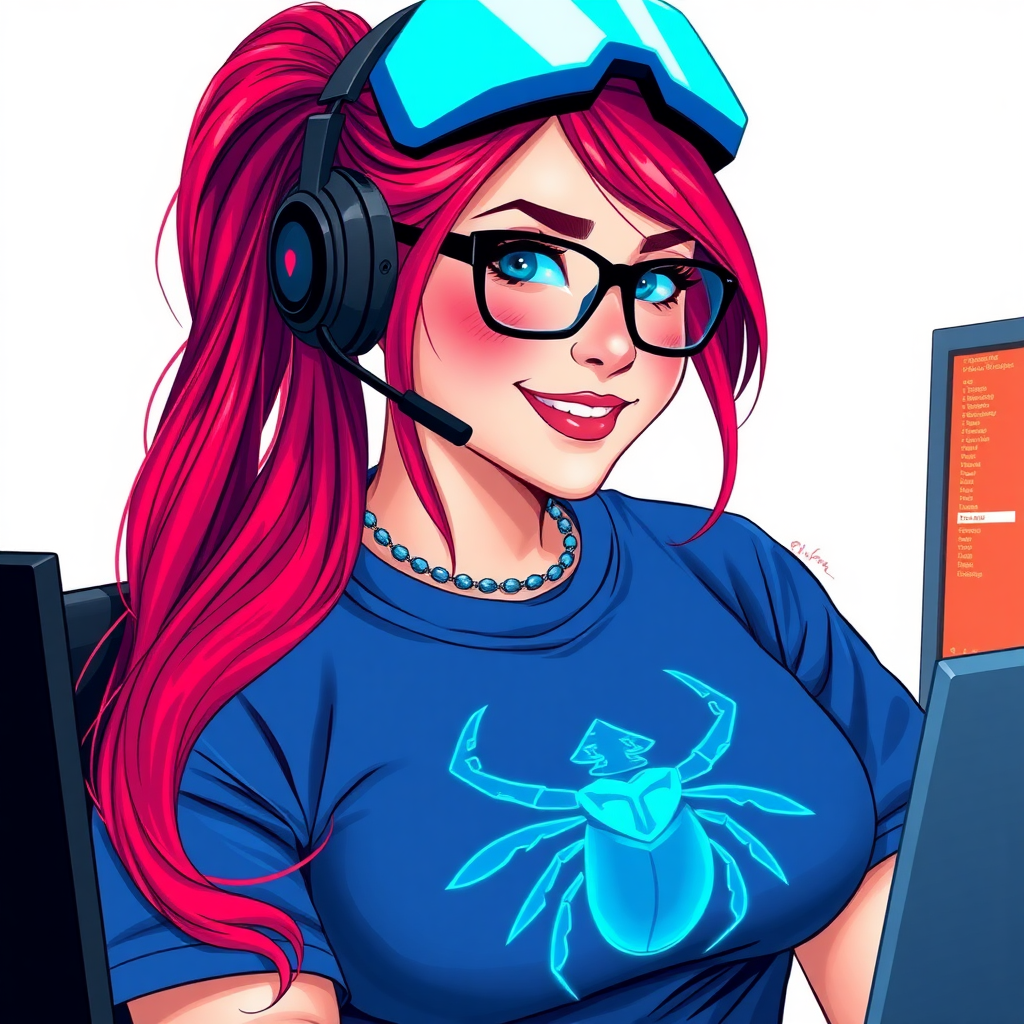 A cyberpunk vigilante’s full-figured intelligent and tech-savvy 29-year-old girlfriend, who is a computer hacker and tech genius. She has a long ruby red ponytail and bright blue eyes. She wears a sapphire beetle gemstone necklace, and an oversized maximum blue t-shirt featuring a giant neon blue glowing icon of a beetle on its chest. She has a full-figured physique with a prominent, gargantuan, well-rounded midsection, reflecting her well-cared-for lifestyle. She sports a sapphire headset with hi-tech maximum turquoise lensed HUD visor, black eyeglasses, and a beaming smile with a passionate bright red blush. Despite her figure and a lack of self-esteem, she radiates an air of beauty. She has a slim face which contributes to her radiant beauty. She serves as his tech expert from his hideout, diligently working at her lab table and computer desk. The background is solid white. She is drawn as if she was in a retro 2D cyberpunk fighting game.