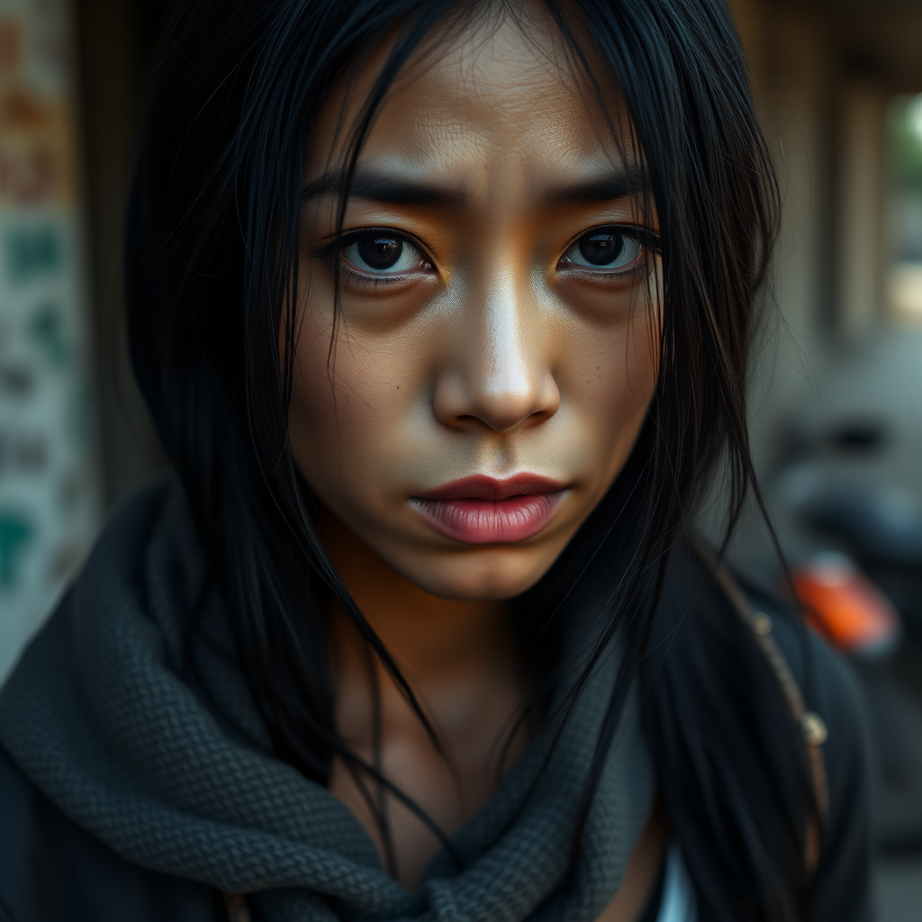 A homeless, slim, somewhat neglected, mysterious but pretty Asian woman, with dark skin, jet-black hair and black eyes, almost cries.