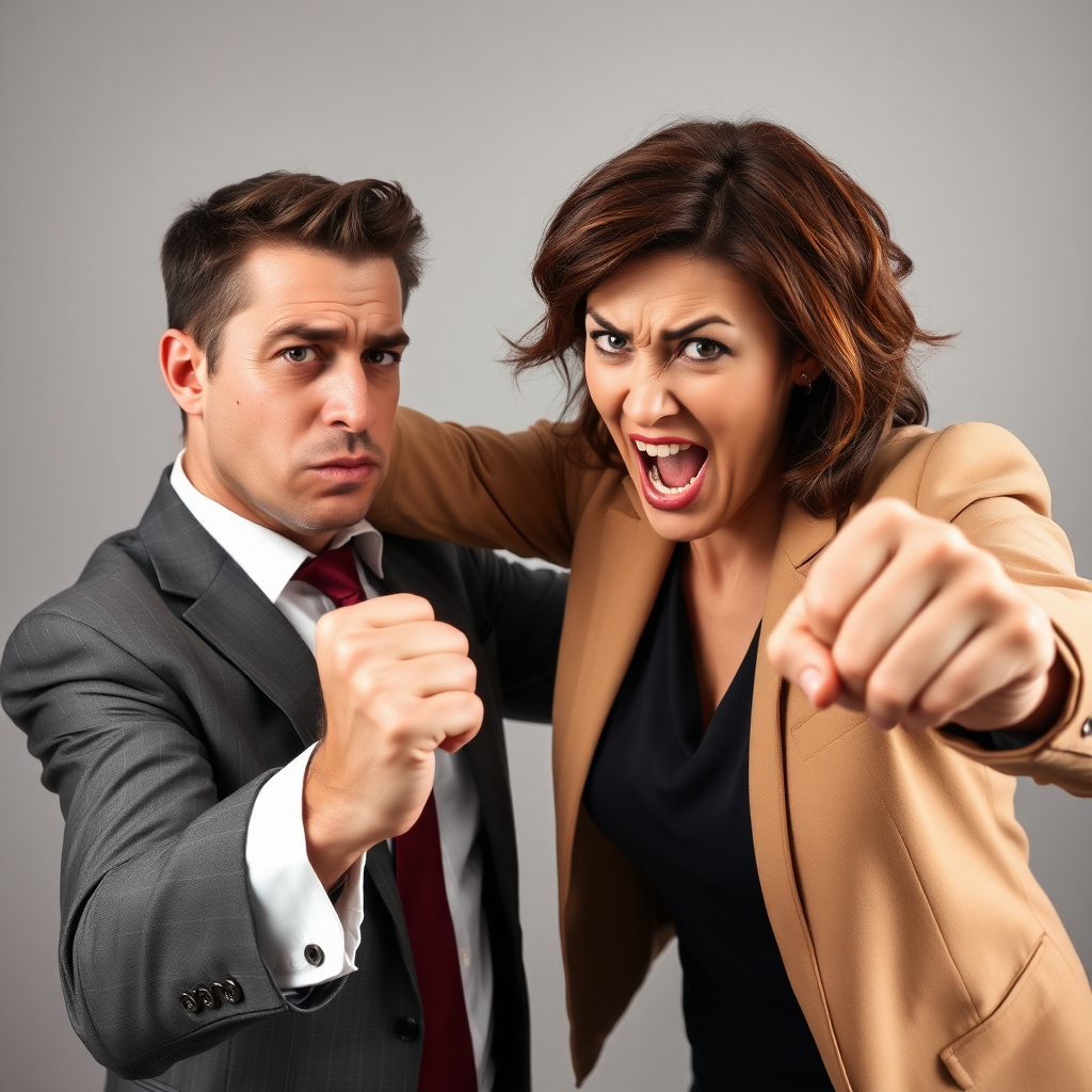 mature attractive business woman punching a man in the face, the fist is hitting his angry face and making strong impact, he looks visually disturbed