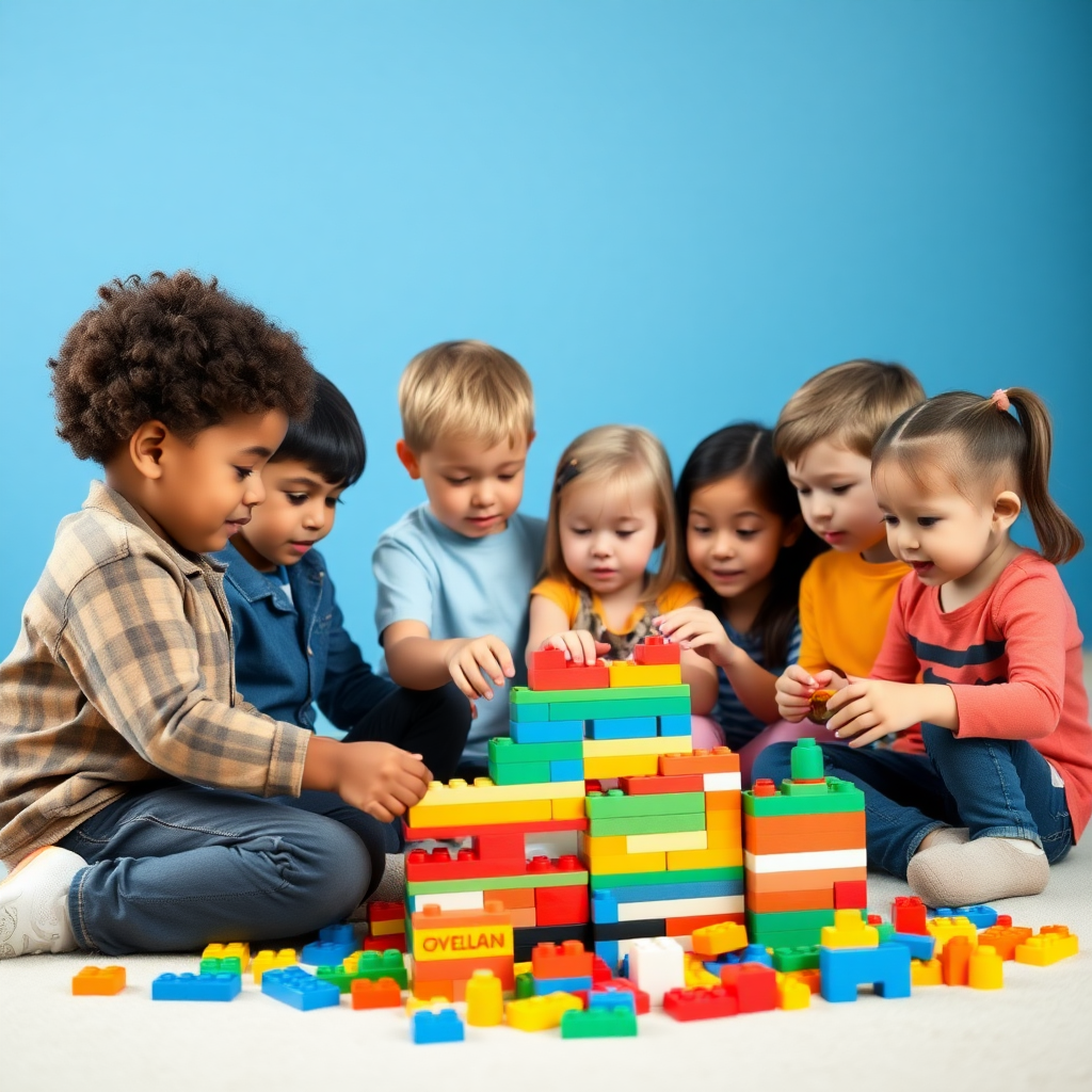 A group of 5 different children with different body types playing with toy building blocks; the age of the children should be 10 years old, and the room in which they are playing should have blue color walls.