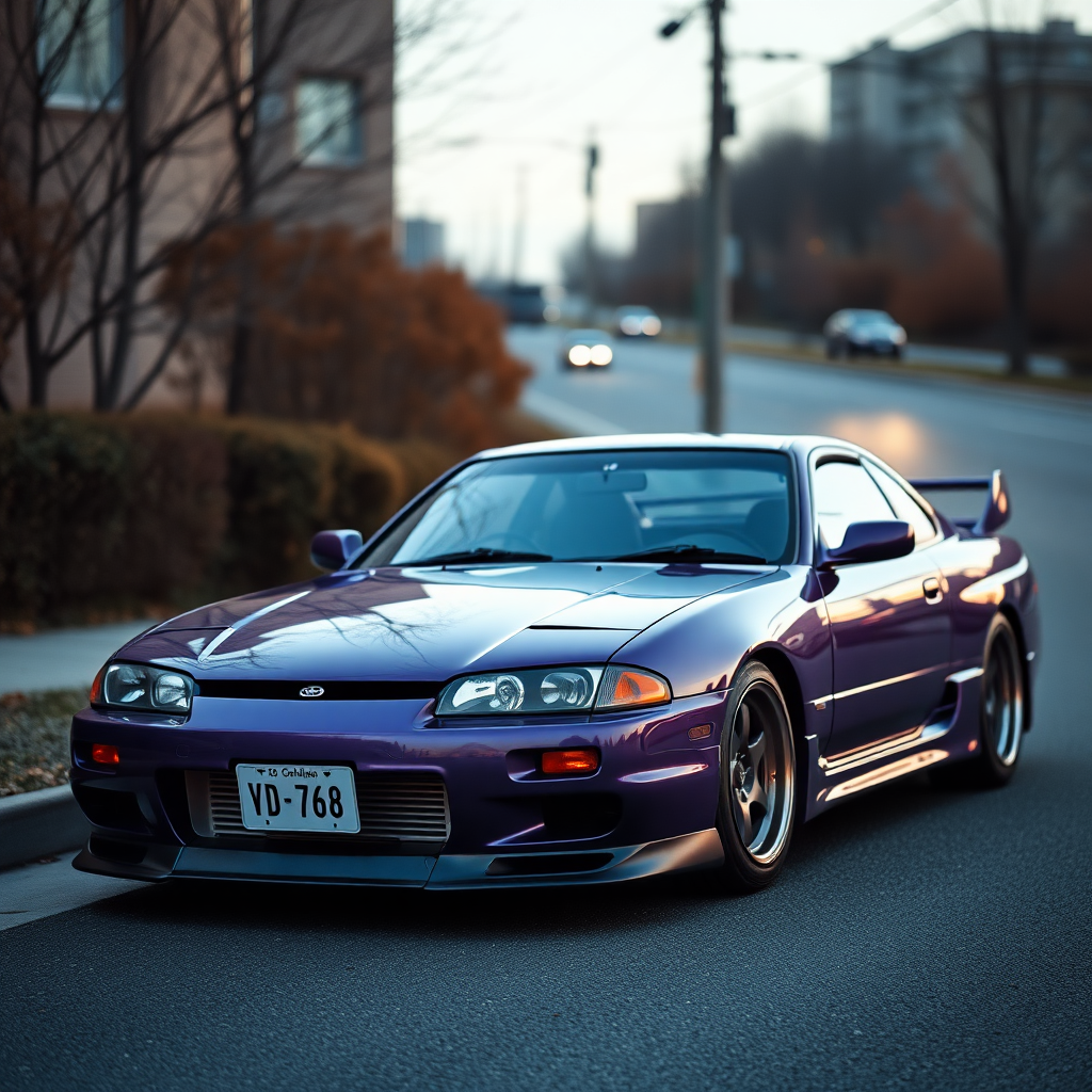 camelonn purple nissan silvia s14 the car is parked on the side of the road, inspired by Taiyō Matsumoto, tumblr, restomod, nd4, c4 cold colors