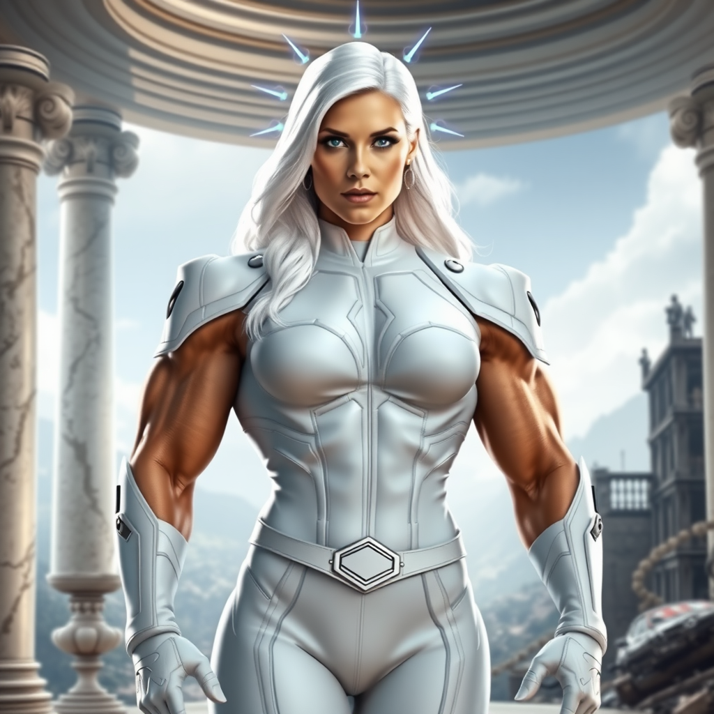 Generate a full-length photorealistic image of Emma Frost, her head intact—including long platinum hair, piercing blue eyes, and distinctive facial features. Replace her body with Marcus Fenix's muscular, battle-scarred male physique, emphasizing broad shoulders, defined arms, rugged torso, and powerful legs. Retain Emma's signature white costume, altered to accommodate the new masculine frame, featuring larger shoulder pads, a tailored torso piece, and form-fitting leggings. Design the background blending elements from both characters: the opulent, grandeur of Emma's mansion, complete with marble pillars and ornate decorations, transitioning into the gritty, war-torn landscapes of Marcus's world, filled with dilapidated buildings and COG tags. Include subtle telekinetic energy effects around Emma's head to emphasize her psychic powers.