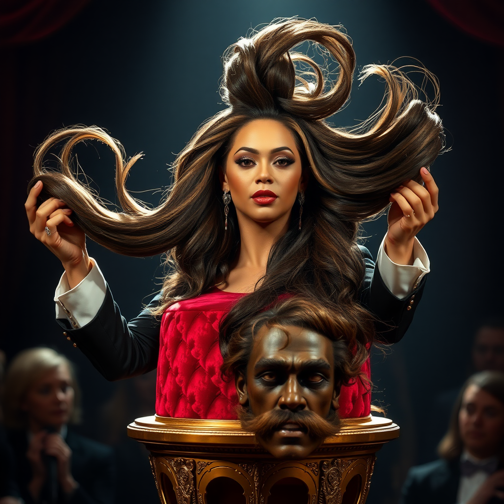 A magician captivates the audience with a stunning display of illusion. Atop an ornate velvet display stand rests the glamorous head of Beyoncé, her radiant complexion and striking features enhanced by glimmers of stage lighting. Her remarkably long hair cascades elegantly, flowing like a waterfall of rich, dark silk, and the strands glisten with hints of gold as they catch the soft light.

The magician holds up the luxurious mane with a flourish, spreading it wide for everyone to admire. The air is charged with suspense as he expertly manipulates the hair, twirling it gracefully around his fingers, creating mesmerizing shapes that seem almost alive.