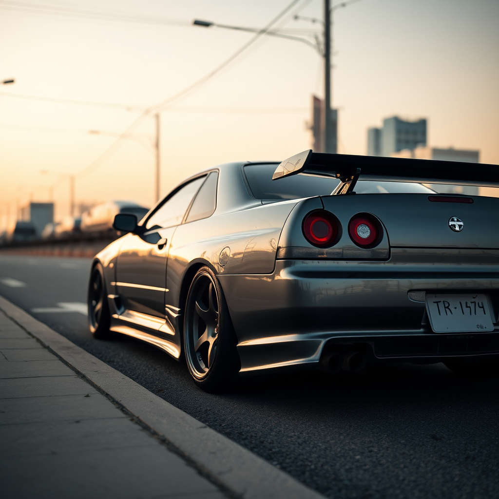 The car is parked on the side of the road, inspired by Taiyō Matsumoto, tumblr, restomod, nd4, c4 metallic shine gray black nissan skyline r34 tokyo arkaplan hatasız tam eksiksiz ayrıntılı genel gerçek detaylar en iyi fotoğraf poz sinematik hafif yağış su damlalar yansıma ıslak yol need for speed tarzı body kit