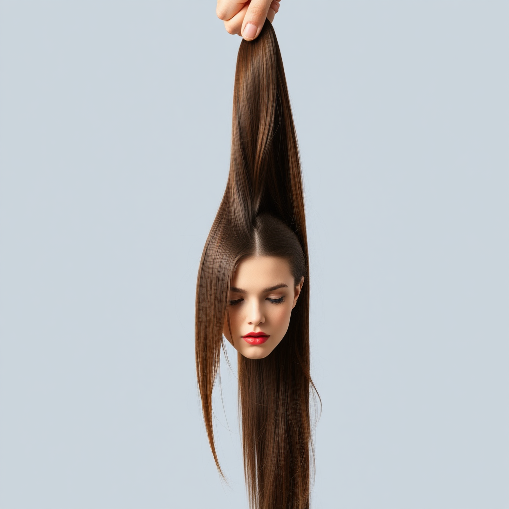 Surreal image of a very long haired woman's beautiful disembodied head hanging by her very long hair. Her very long hair is gathered at the top of her head into a long ponytail that stretches upward into a grasped hand. Plain gray background.