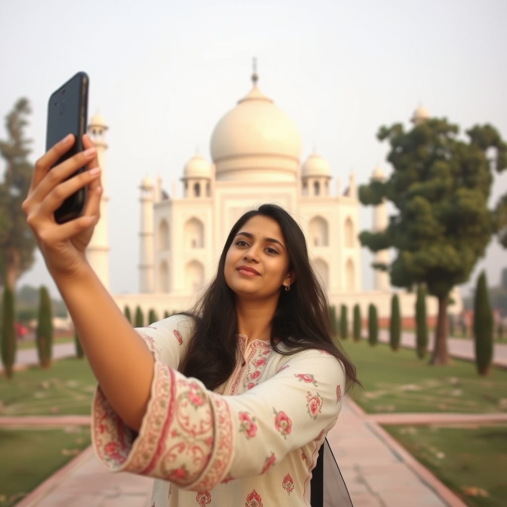 A 20 year old model in kurti taking a selfie in front of Taj Mahal.