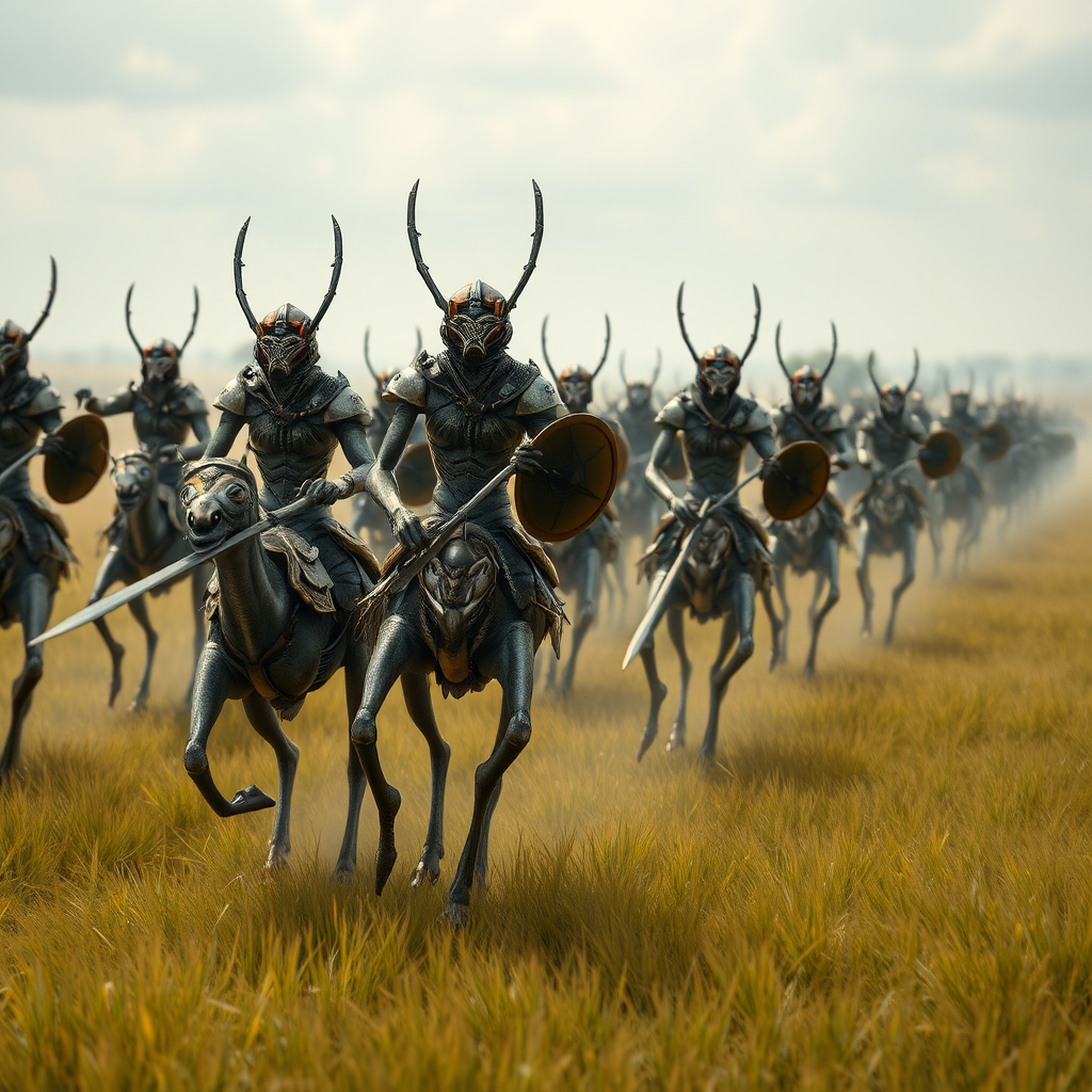 An army of bipedal insect aliens, marching across savannah on alien mounts, armoured, helmets, sword and shield, realistic