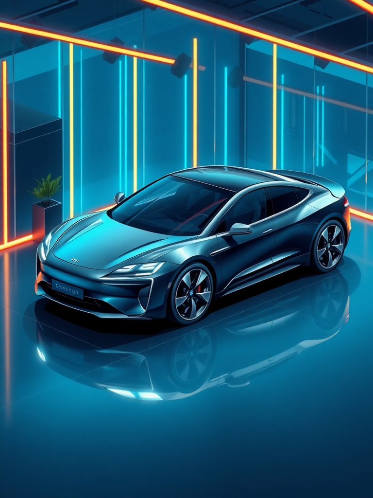 Draw an electric car in isometric view, high quality, very detailed, cybernetic around the electric car displayed in the showroom, and draw the background with a cybernetic and mysterious look like the movie "Tron", make the overall color dark blue to make it luxurious, draw the electric car in the center of the layout, and make the size of the electric car 1/5 of the screen size.