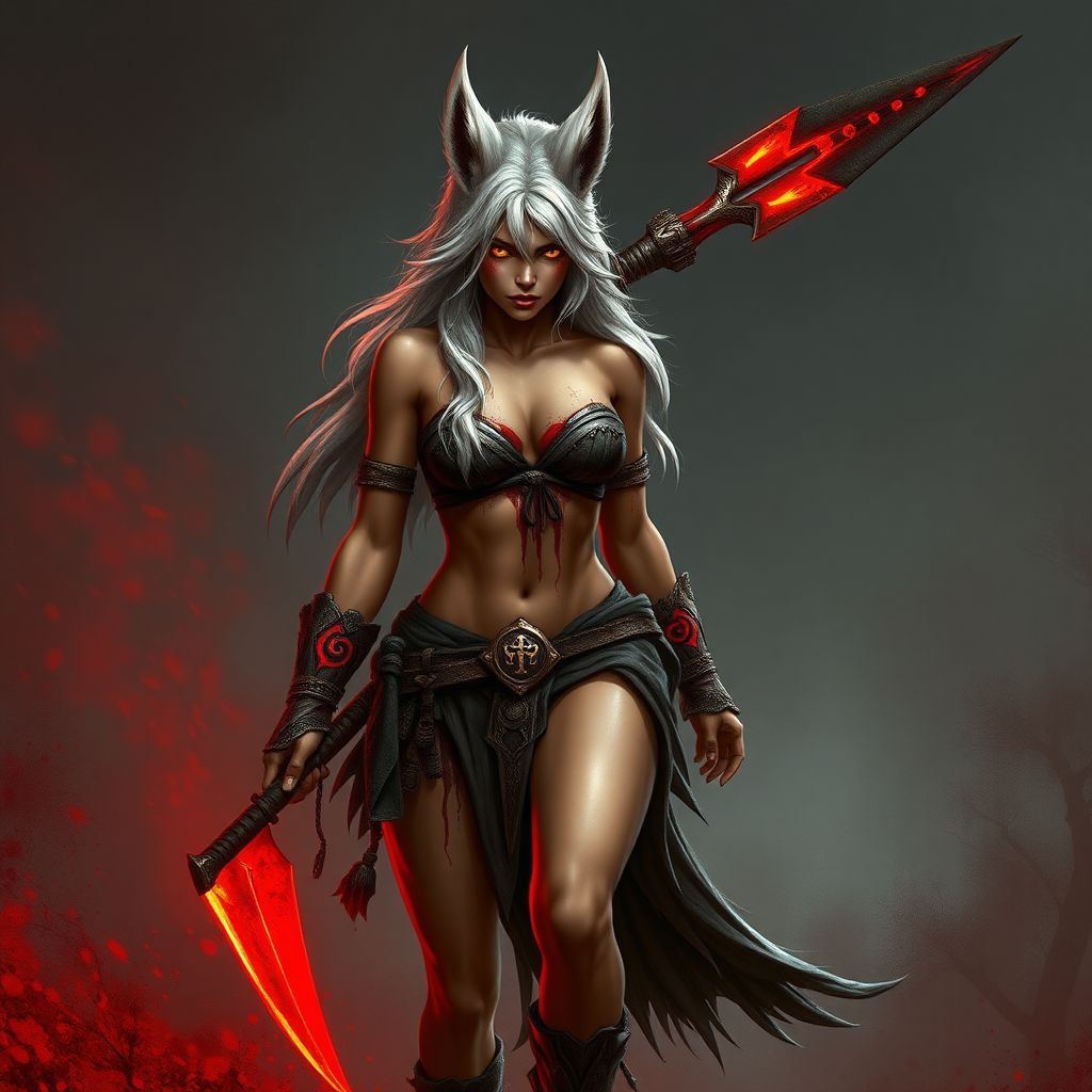 Shockingly Beautiful exotic tanned female kitsune barbarian walking toward the camera, slim fit slender toned lean, very muscular, chubby, holding a huge oversized spear with a stylized red glowing blade, long wild silver hair, glowing golden eyes, intense angry expression, slight wicked evil smile, blood splatter smeared and dripping, large red rage aura