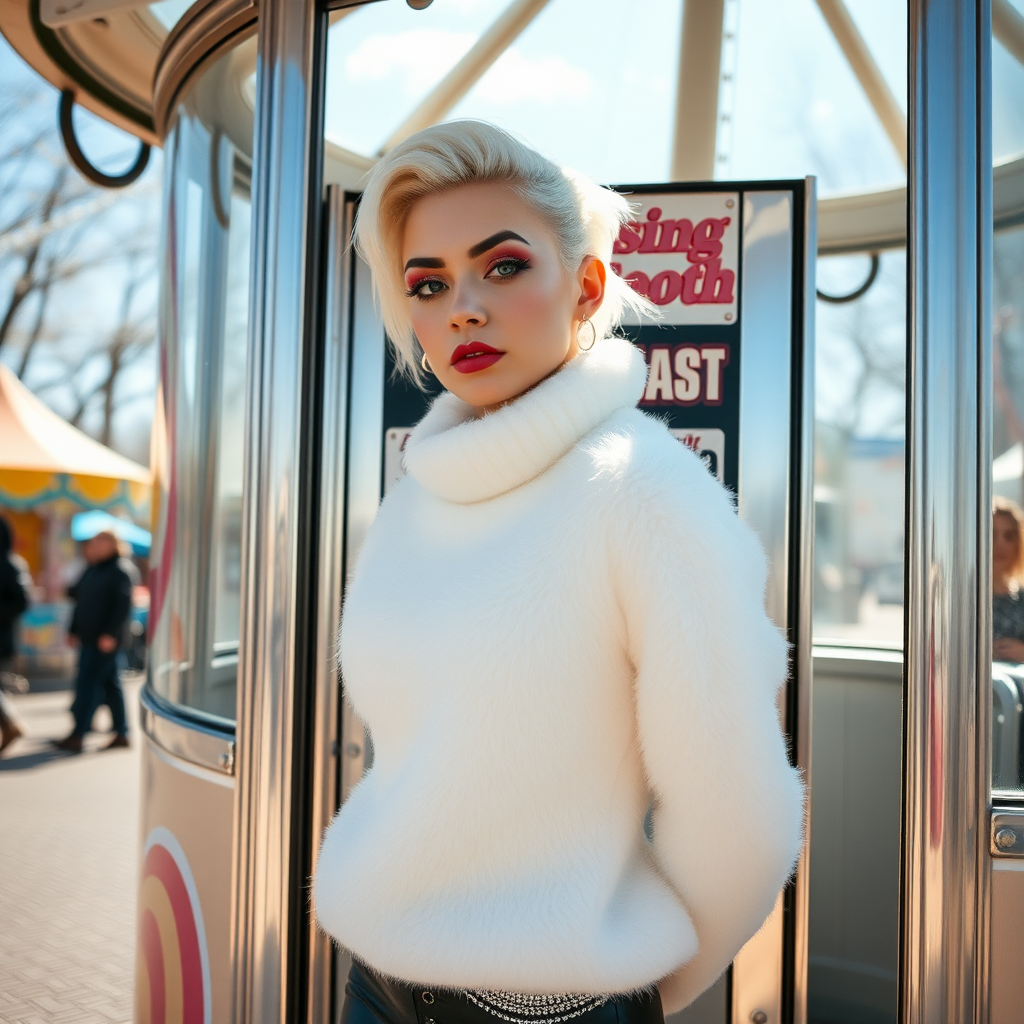 Amusement park “kissing booth”, sunny spring Sunday morning. Sam, 19 years old beautiful involuntary femboy, rebellious intractable character, petite boyish figure, platinum blond boyish rebel punk hairstyle, flawless heavily made-up face with sharp arched tattooed eyebrows, wearing Supertanya-style fluffy very fuzzy bright white angora thigh-length turtleneck-poncho fully covering body and arms, silver-glitter leggings, black leather high-heeled pumps, silver earrings, both hands tied behind back, standing inside kissing booth, waiting for next customer to kiss. Focus on Sam’s face and turtleneck-poncho.