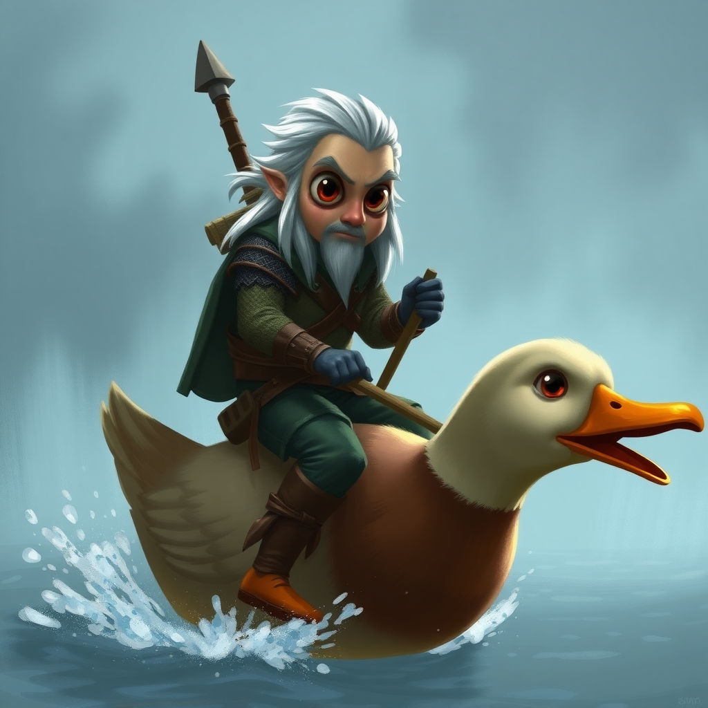 Geralt of Rivia with huge eyes riding a duck