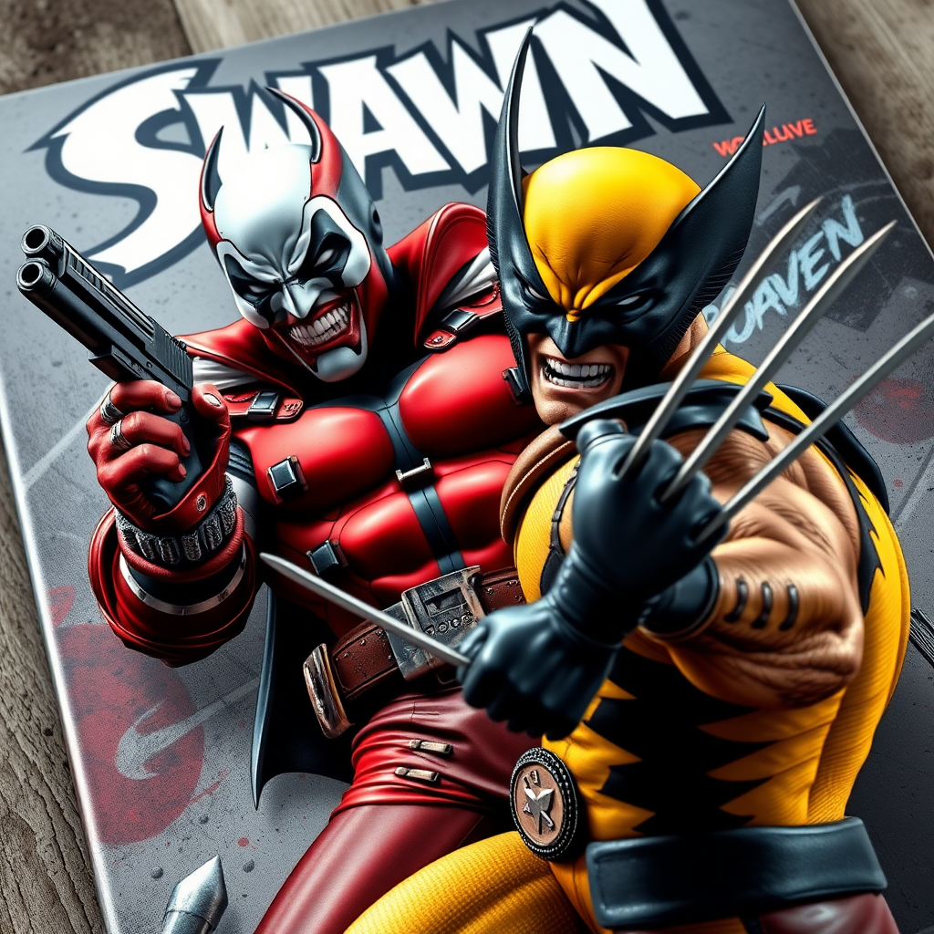 On a comic book cover is Spawn holding a gun Vs Wolverine in Cinematic Real3d photo-realistic quality.