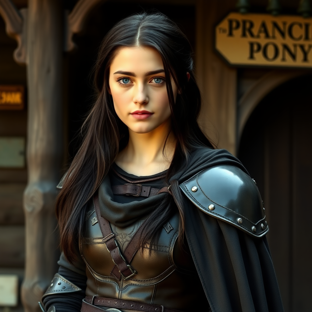 beautiful young woman, dark hair past her shoulders, blue eyes, small, slim figure, wearing full leather armor suit, long cloak, standing next to medieval wood building with a sign: "Prancing Pony".