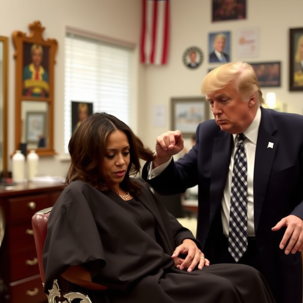 Kamala Harris sitting in a barbershop while Donald Trump cuts her hair.