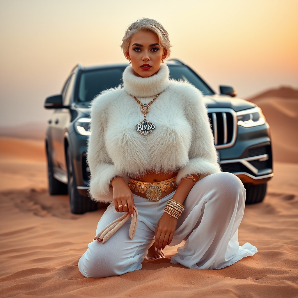 Kuwait desert dunes misty dawn, full size luxury SUV: Melissa, European 17 years old very convincing femboy “trophy-bimbo”, tamed servile docile, very beautiful feminine flawless face, rather short, by hormones very curvaceous womanly figured, platinum blond short tight curls, bold red lips, long white French nails, heavily made-up face, wearing Supertanya-style fluffy very fuzzy bright white angora turtleneck-poncho cropped ending under bust decorated with pearls and glass stones, striking oriental wide gold bridal protection belt, white fully transparent harem pants, full Oriental bridal jewelry including headpiece, nose-ring, coin wristlets, coin anklets, striking diamond “Bimbo” letter brooch on left chest, thick heavy pearl wristlets, pout frustrated, kneeling in sand in front of SUV, looking at camera. Focus on face and turtleneck-poncho.