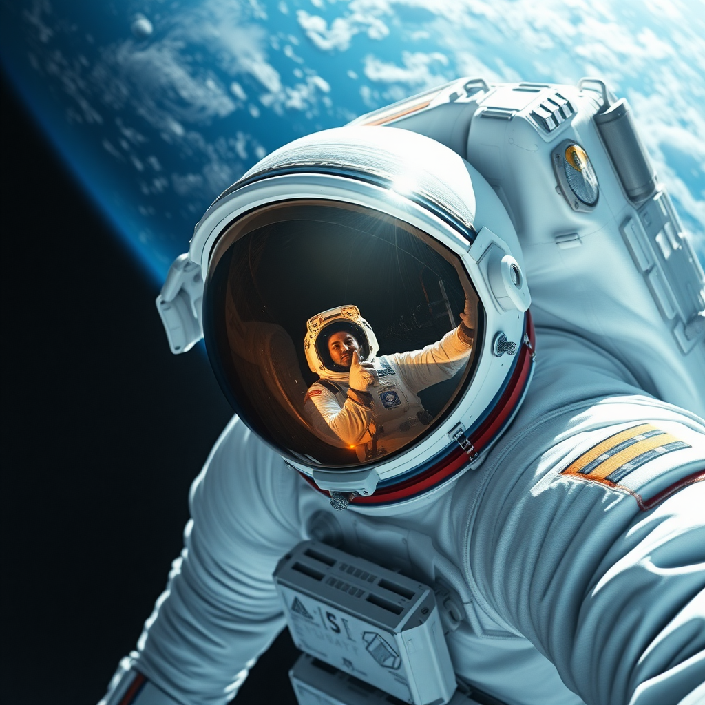 Astronaut in a white spacesuit, floating in space, with Earth in the background. The scene captures a hyperrealistic view showcasing the intricate details of the suit, including textures and reflections in the visor. The visor reflects another astronaut and elements of the spacecraft. The background features deep blues and whites of Earth and the vastness of space, with a dark, almost black, void surrounding it. Bright sunlight highlights parts of the astronaut's suit, creating stark contrasts and emphasizing the details. Include hints of light shimmering off the helmet and the colors of the spacecraft against the cosmic backdrop.