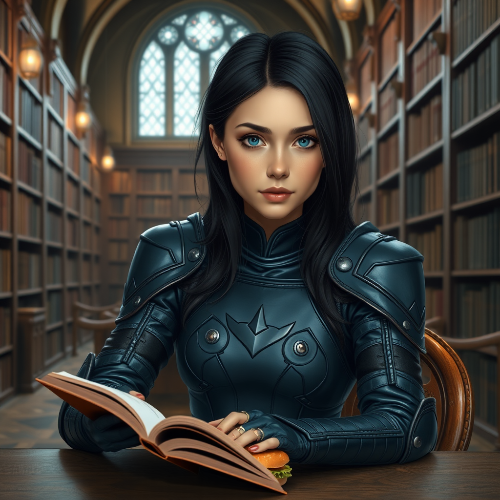 beautiful young woman, dark hair past her shoulders, blue eyes, small, slim figure, wearing full leather armor suit, sitting at table with sandwich, reading a book in a great library.