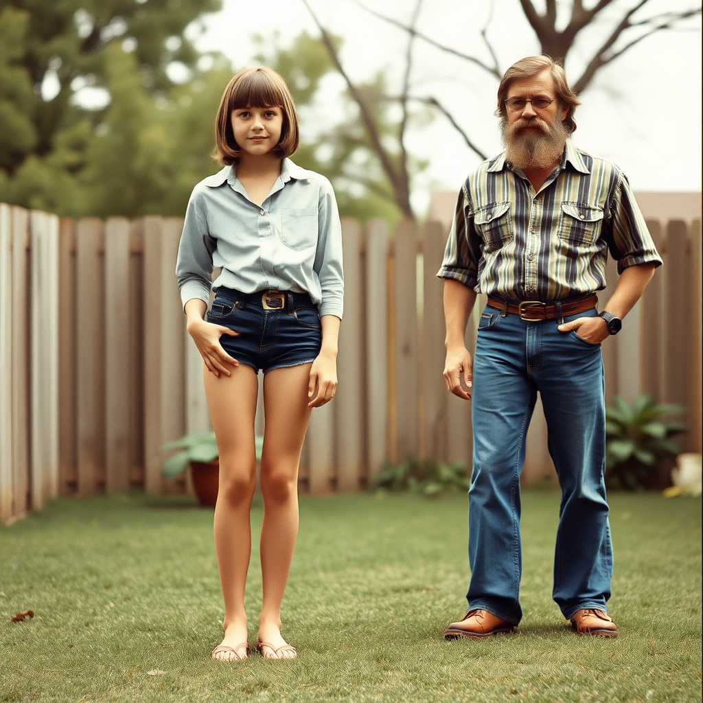 tall 14yo teen boy, long hair bob cut, wearing shirt and very tight booty shorts, long legs, narrow thighs, full-length front view. with bearded father wearing shirt, long jeans, shoes. 1970s. At backyard. photorealistic, ultra high resolution, 16K, Negative: grainy, blurry, bad anatomy, extra limbs, watermark.