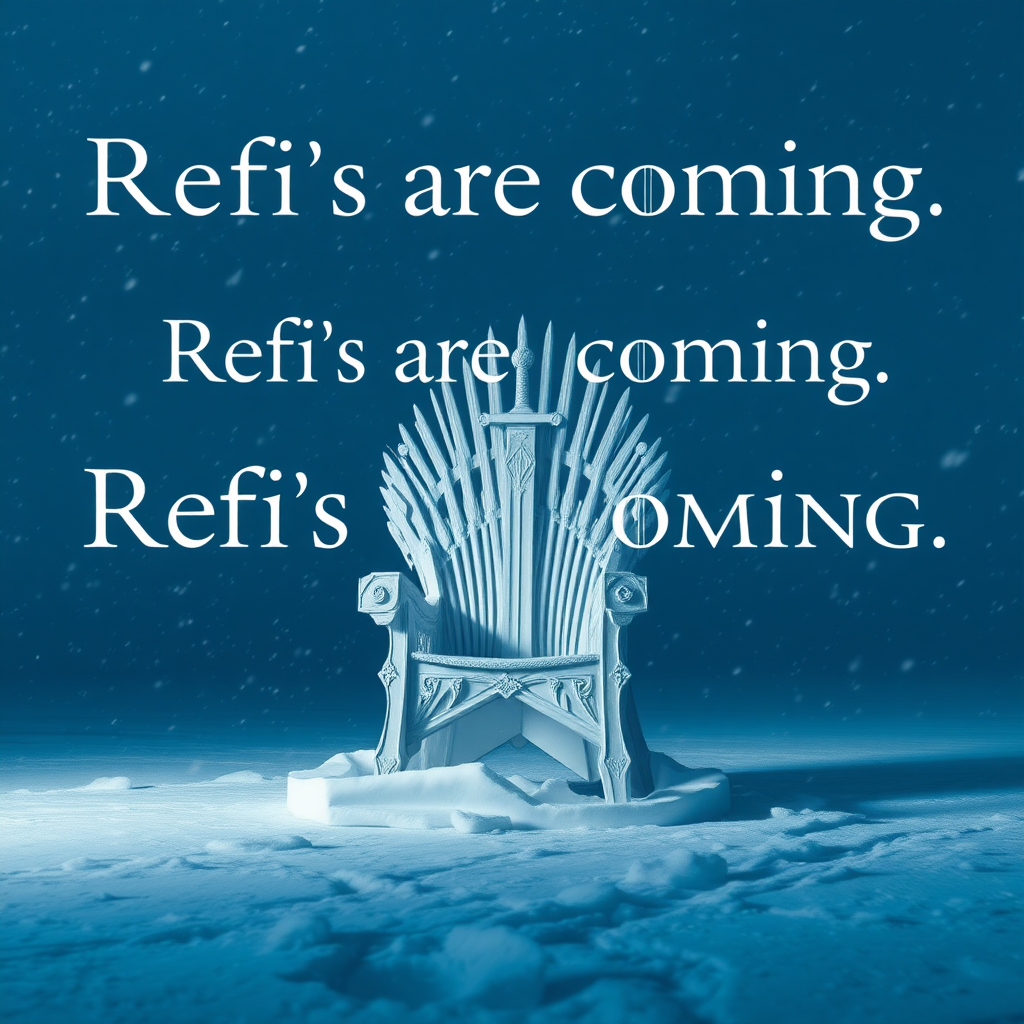 An epic movie scene in Antarctica depicting the game of thrones sword chair made out of white paper. The text in the background says “Refi’s are coming.” It should be similar in style to “winter is coming” vibes as shown in the movie. Epic blizzard storm. Photorealistic.