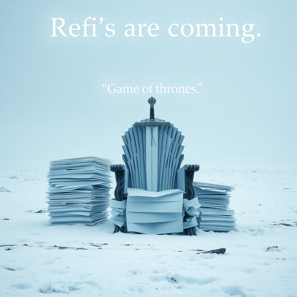 A legendary movie scene in Antarctica depicting the game of thrones sword chair made out of stacks of paper. The text in the background says “Refi’s are coming.” Epic theme and high quality cinematic elements. No animals or people. Winter storm, epic legendary shot. Stunning visuals.