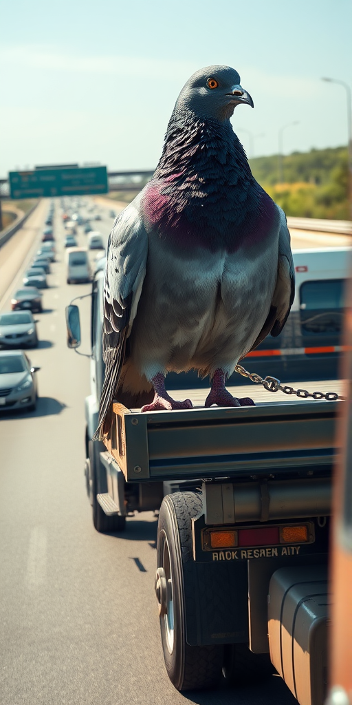 version 2: A hyper-realistic, professional photo of a gigantic pigeon chained to the back of a flatbed truck, driving on a busy highway. The pigeon is extremely detailed with realistic textures on its feathers, showing a mix of purple, gray, and white colors with subtle shine under daylight. The scene captures a high level of detail in the truck, with polished metal parts and rubber tires. The highway is full of cars and trucks driving in the background. The atmosphere is bright and clear, with realistic sunlight casting shadows on the pigeon and truck. The camera angle is slightly elevated, capturing the full size of the pigeon in relation to the truck, emphasizing the absurdity of the scene with perfect depth of field and focus on the bird and vehicle. Trending on ArtStation, ultra-detailed, photo-realistic, with rich textures and a high dynamic range (HDR) effect