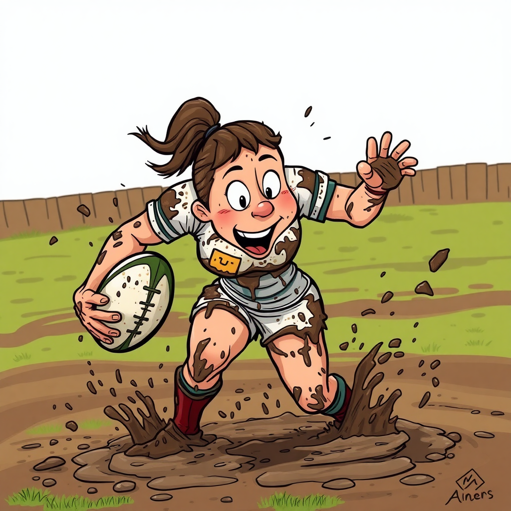 cartoon of very muddy woman rugby player, splattered and smeared head to toe with thick gooey mud, on a muddy rugby pitch