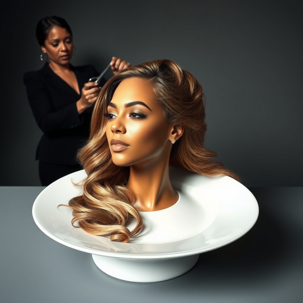 In a surreal and provocative scene, a beautifully tethered, disembodied head of Beyoncé rests gracefully on an elegant porcelain plate, her long, luxurious hair cascading like a waterfall of silky strands around the edges, creating a striking contrast against the stark, muted gray background. The sheen of her skin glows softly, exuding an air of ethereal beauty, while her chin rests directly on the plate, poised and serene. Behind her, a skilled hairdresser, clad in chic black attire, stands with a focused expression, gently teasing and arranging her magnificent hair with nimble fingers, creating intricate patterns that defy gravity. The atmosphere is oddly intimate yet surreal, blending an appreciation of beauty with an unsettling twist, as soft light casts subtle shadows, enhancing the textures of both hair and porcelain. The air is filled with a quiet stillness, broken only by the subtle sound of the hairdresser’s scissors snipping rhythmically and the faint fragrance of hair products mingling with the cool air, heightening the unusual but captivating atmosphere of the scene.