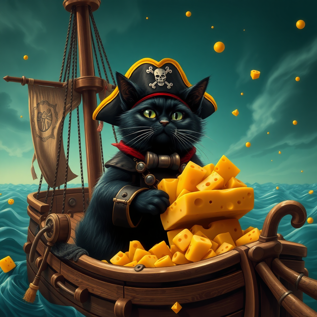 Black cat pirate Captain with treasure cheese filled with cheese on a pirate ship in a sea of cheese, steampunk