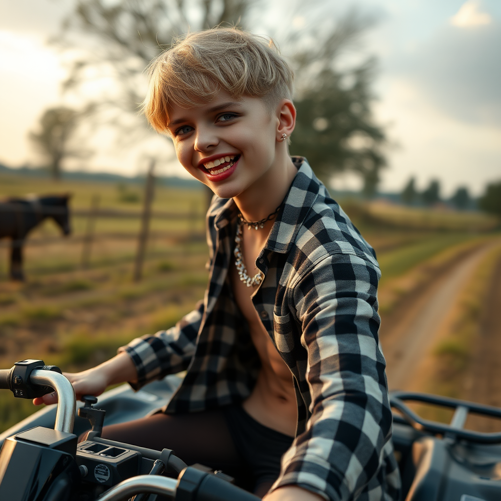 photorealistic, ultra high resolution, 16K, surreal fantasy, soft studio lighting, Tyler Swift is a pretty 14 year old goth male , slim male physique, blonde hair, blue eyes, vampire long canine teeth, goth makeup, earrings, shiny black pantyhose, stilettos, checked shirt, spikey neck collar chain, riding a quadbike on a farm during daytime, excited open mouth smile, bulging crotch, full body in wide view from side with Tyler facing the camera.