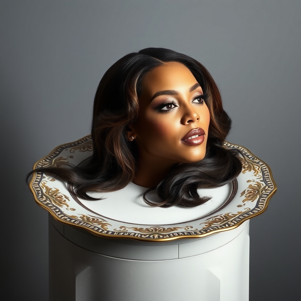 In a surreal and striking scene, the elegantly styled disembodied head of a stunningly beautiful Beyoncé rests gracefully on an ornate, luxurious plate, which is carefully placed on a simple, understated table. Her long, flowing hair cascades like a rich waterfall of silky, dark ebony locks, framing her exquisite face and accentuating her radiant, flawlessly glowing skin. The delicate contours of her chin rest lightly against the polished surface of the plate, lending an unexpected intimacy to the bizarre presentation. 

The background is a muted, plain gray, casting an air of modern minimalism that contrasts dramatically with the lavishness of her appearance. Soft shadows play across her features, highlighting the subtle high cheekbones and perfectly shaped lips, which seem poised for a soft smile. The atmosphere feels both elegant and eerie, inviting intrigue and contemplation as viewers are drawn into this surreal artistic tableau, where beauty and the absurd collide in unexpected harmony.