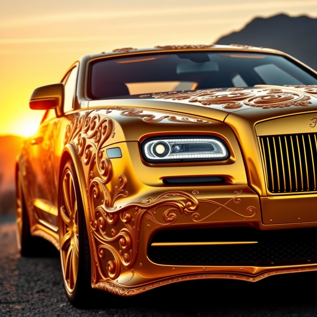 A luxurious, gold-plated car adorned with intricate, ornate designs and carvings. The vehicle features prominent headlights and a distinctive front grille, showcasing a fusion of elegance and extravagance. Set against a backdrop of mountains and a sunset, the scene conveys a sense of grandeur and sophistication.